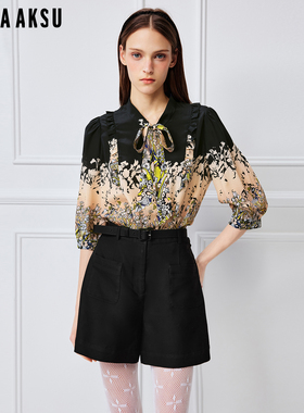 BORAAKSU2026春季新品法式黑底花卉灯笼袖优雅花卉衬衫B1GBW20180