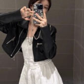 甜辣妹高腰短款 美式 复古黑色机车pu皮夹克外套女春秋季 机车夹克潮