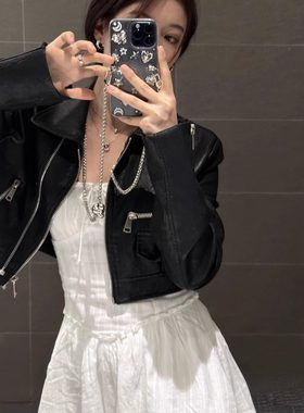 美式复古黑色机车pu皮夹克外套女春秋季甜辣妹高腰短款机车夹克潮