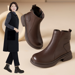 真皮舒适不累脚妈妈鞋棉鞋加绒保暖防滑中老年短靴女鞋子2025冬季