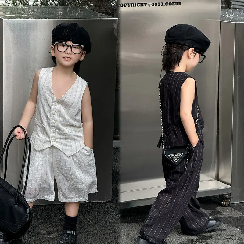 男童套装2024夏季新款黑白条纹马甲短裤薄款上衣潮范儿童西装礼服