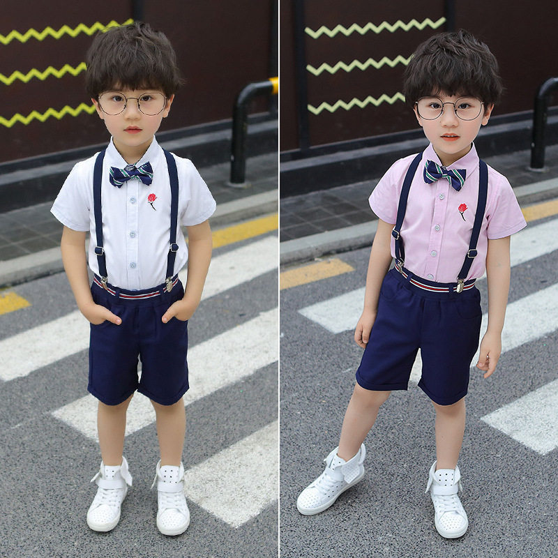 夏季男童背带裤套装幼儿园毕业服装儿童主持人演出服六一礼服花童