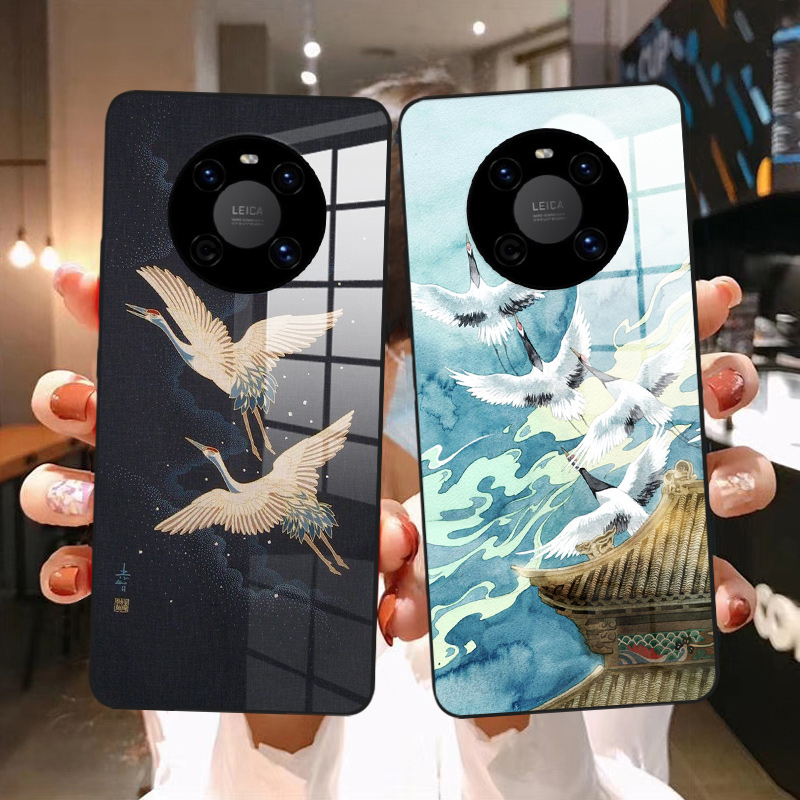 仙鹤插画适用华为mate40 30 20 10 9 mate40pro手机壳文艺中国风复古和风浮世绘女全包镜头玻璃保护壳套pro+
