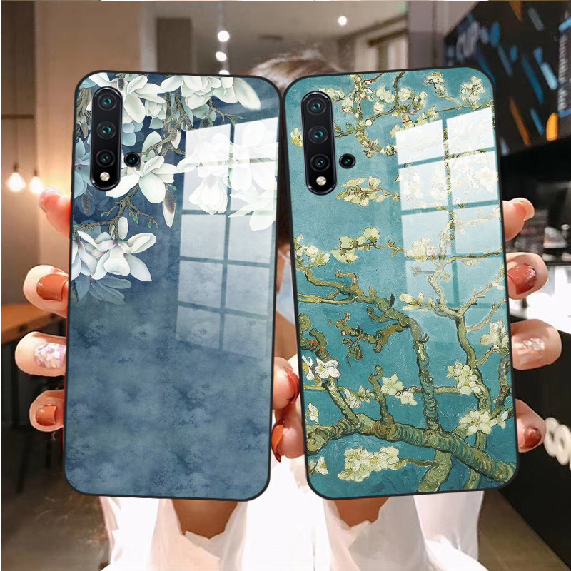 复古花朵适用华为nova5pro 5i 5ipro玻璃手机壳nova4 4e nova3 3e保护壳5z梵高油画杏花女文艺白兰花全包防摔