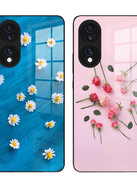 蓝色小雏菊适用华为荣耀100 90 80 70 60 50 x40x30x10 90pro手机壳粉色花玫瑰个性复古女式玻璃保护壳v40v30