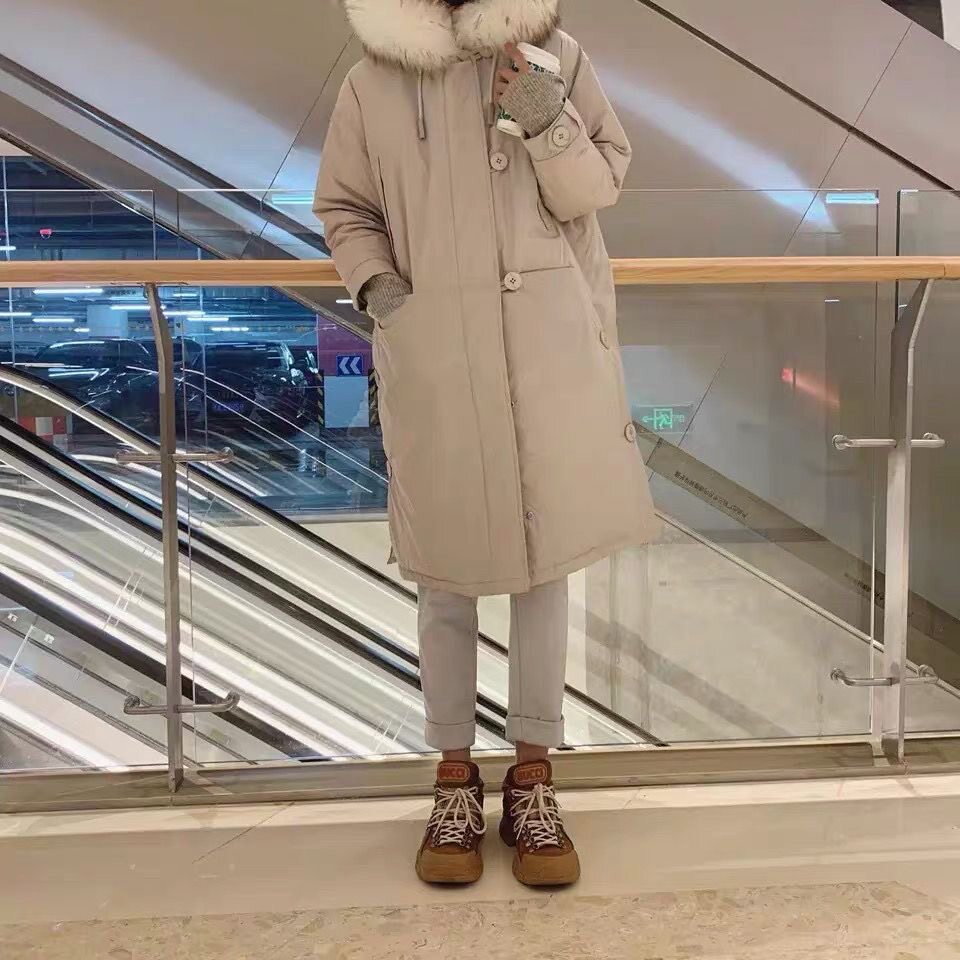 派克服女中长款冬季新品韩版杏色真毛领棉衣过膝羽绒服外套潮