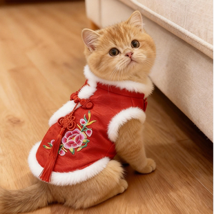 猫咪衣服新年保暖刺绣牡丹马甲加绒加厚喜庆宠物狗狗背心拜年唐装