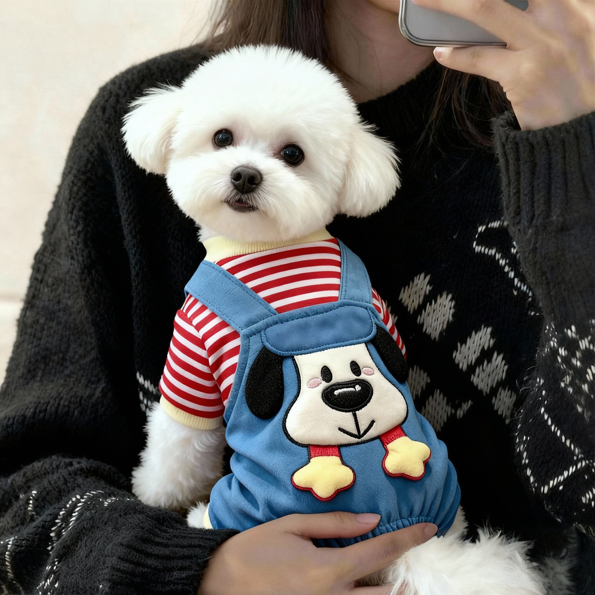 狗狗衣服卡通小狗秋冬条纹背带装