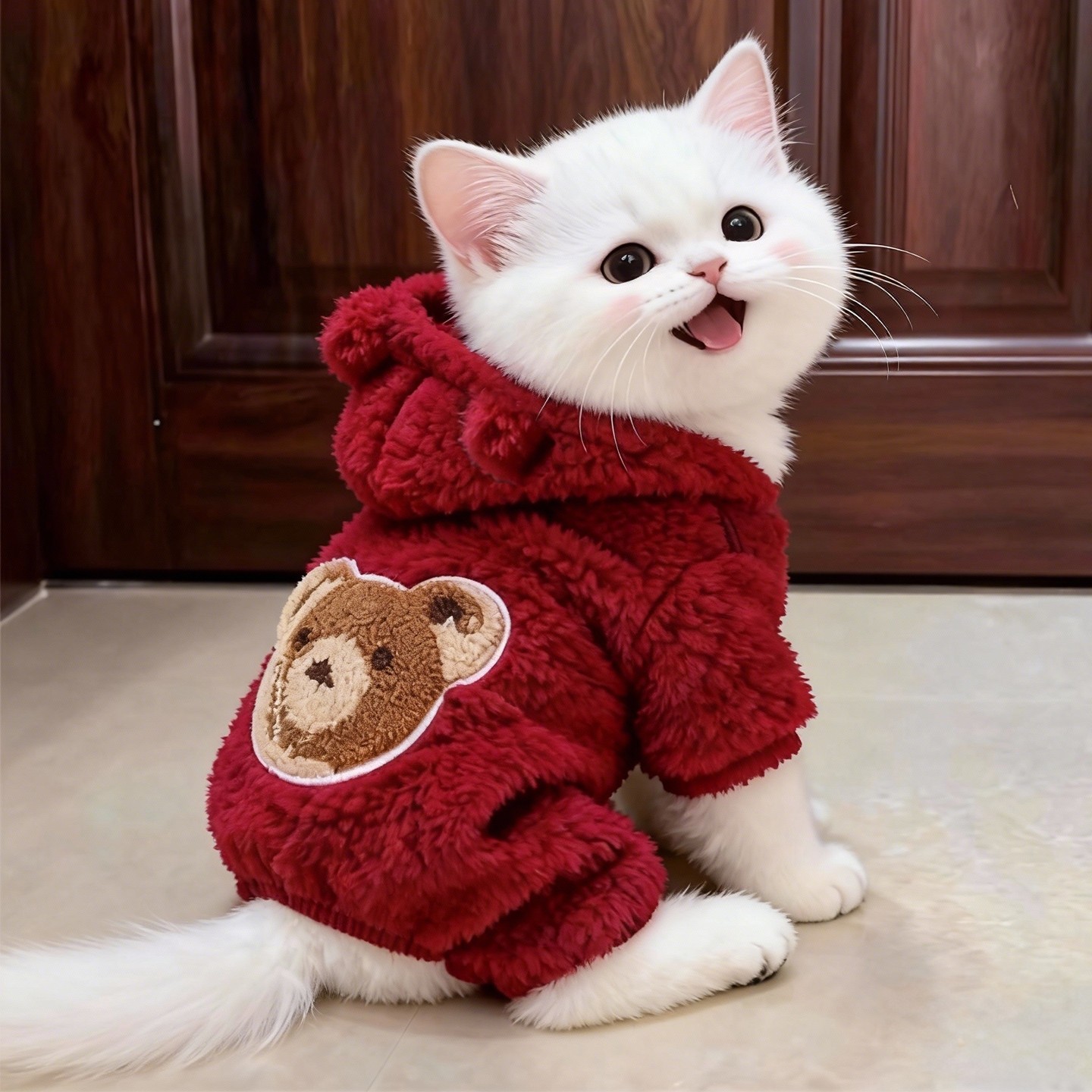 猫衣服卡通小熊连帽毛绒衣冬季