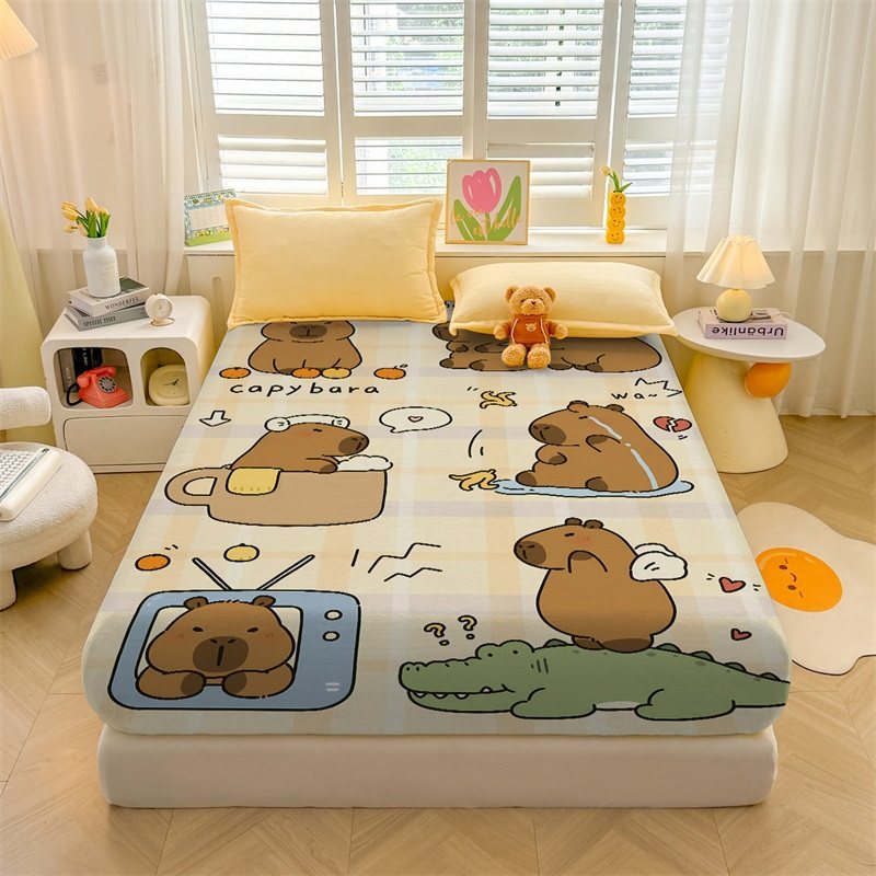 儿童卡通卡皮巴拉保暖水晶绒床笠单件床垫保护套床罩1.5m床防尘罩