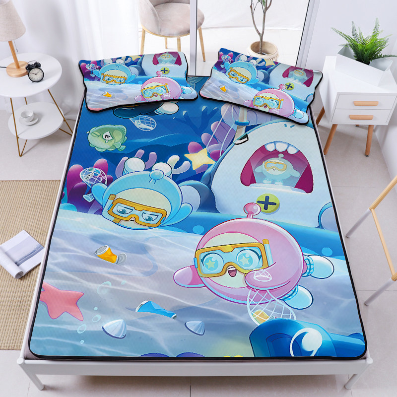 儿童卡通蛋仔派对冰丝席三件套学生宿舍可折叠水洗凉席子空调软席