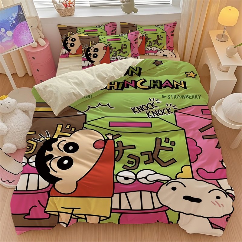 全棉卡通蜡笔小新床上用品四件套儿童卧室单人纯棉床单被套三件套