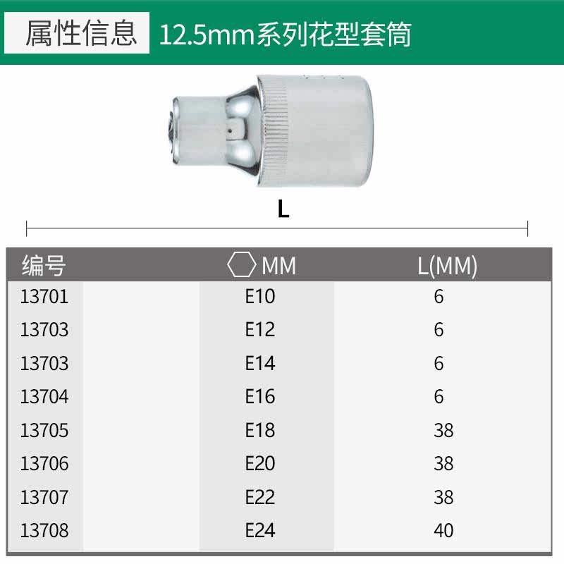 世达工具12.5MM大飞花形套筒花型套筒头E10-E24 13701-13708