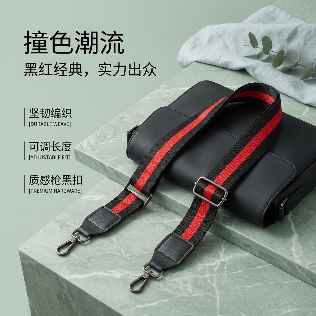 黑红撞色条纹加宽包带可调节枪黑潮牌斜挎包减压替换肩带配件 - 实物图