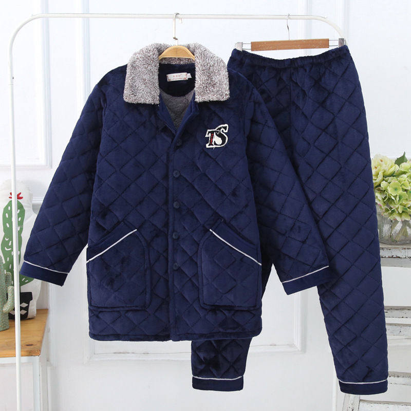 男士三层夹棉睡衣湖南省服珊瑚绒外穿2026新款家居服套装老头子冬