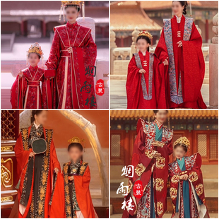 故宫古装宋明制汉服刺绣红色系母女装端庄圆领袍大袖拖尾演出服