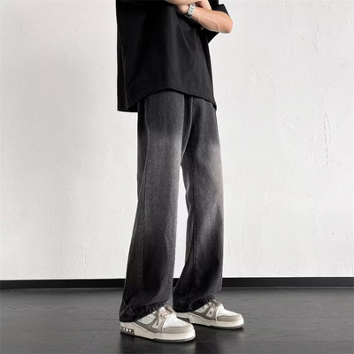 美式潮牌渐变黑色牛仔裤男秋季