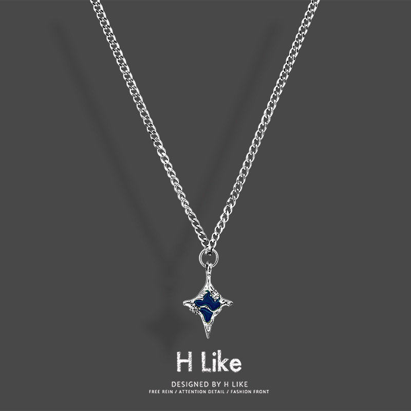 湖水蓝十字星项链吊坠饰品钛钢个性蛇骨短款卫衣链男女气质风配饰