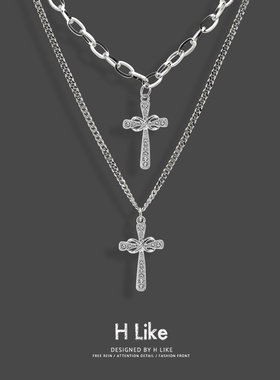 哥特小众双层叠加十字架钛钢项链