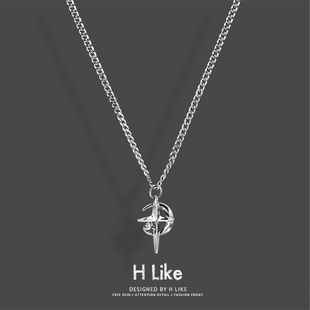 十字星月亮钻项链吊坠饰品钛钢个性 卫衣链男女气质风配饰 蛇骨短款
