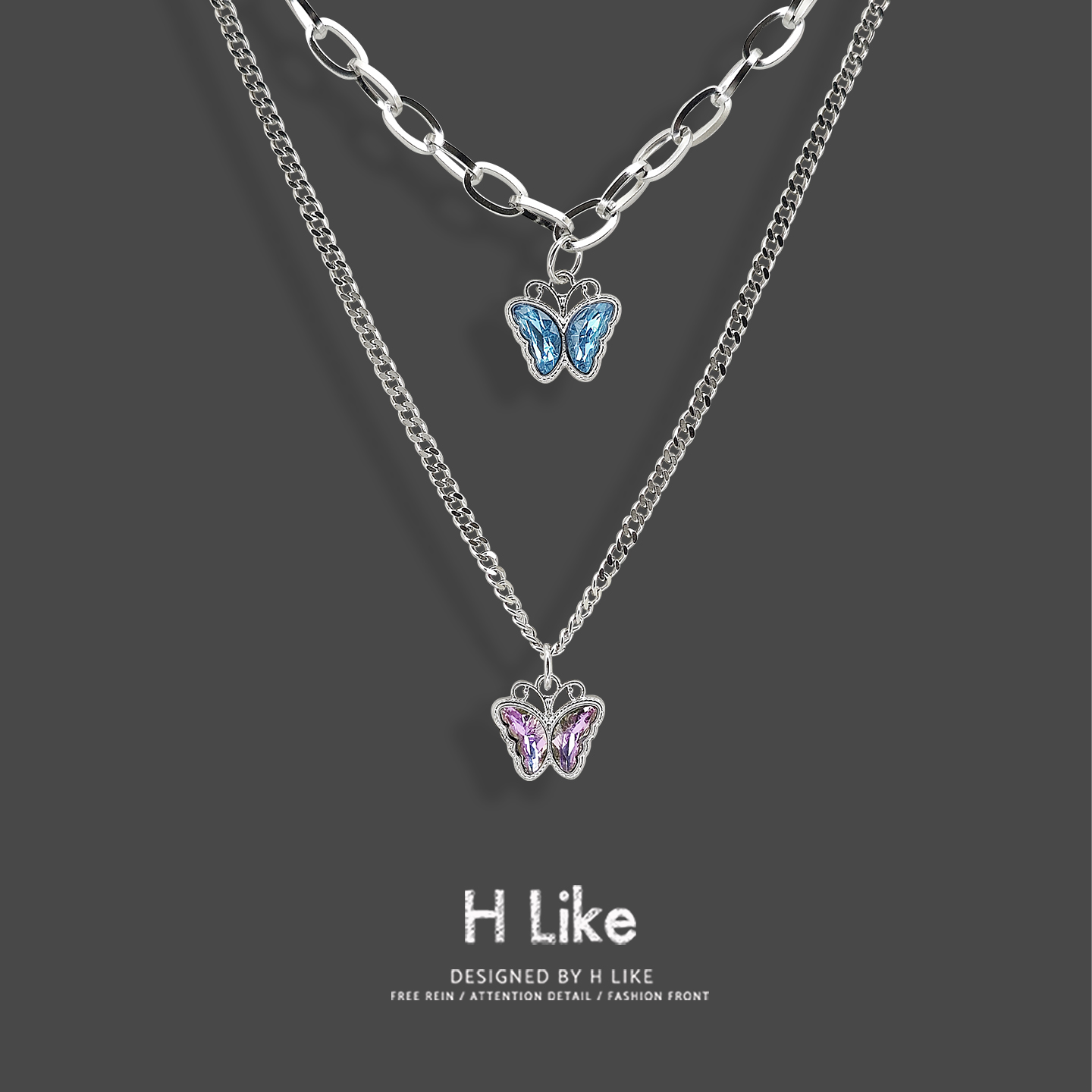 紫蓝水钻蝴蝶项链吊坠饰品毛衣链