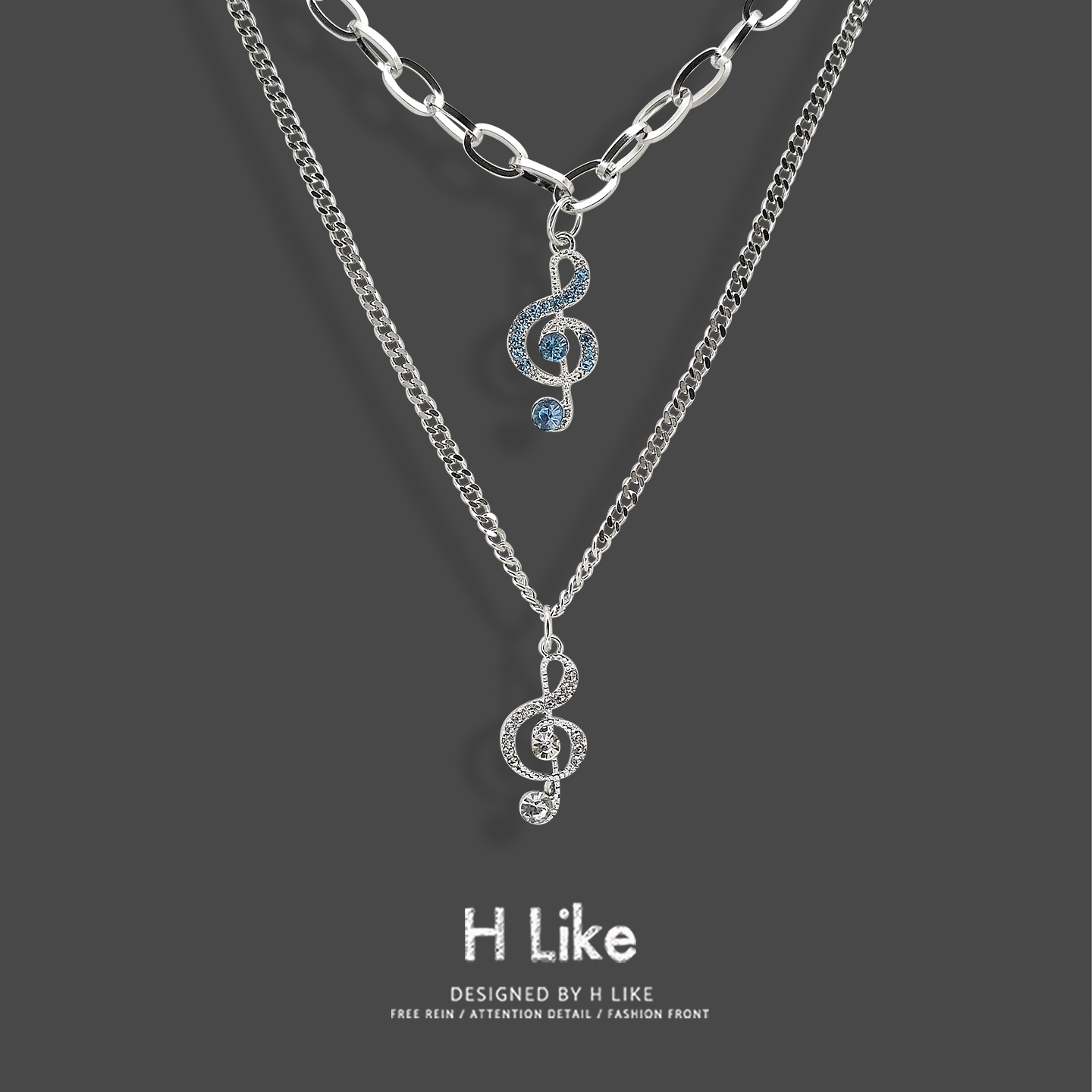 银色蓝色音符项链吊坠毛衣链