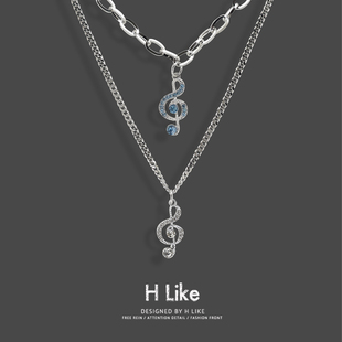 银色蓝色音符项链吊坠饰品钛钢个性 双层叠加链男女潮酷新 蛇骨短款