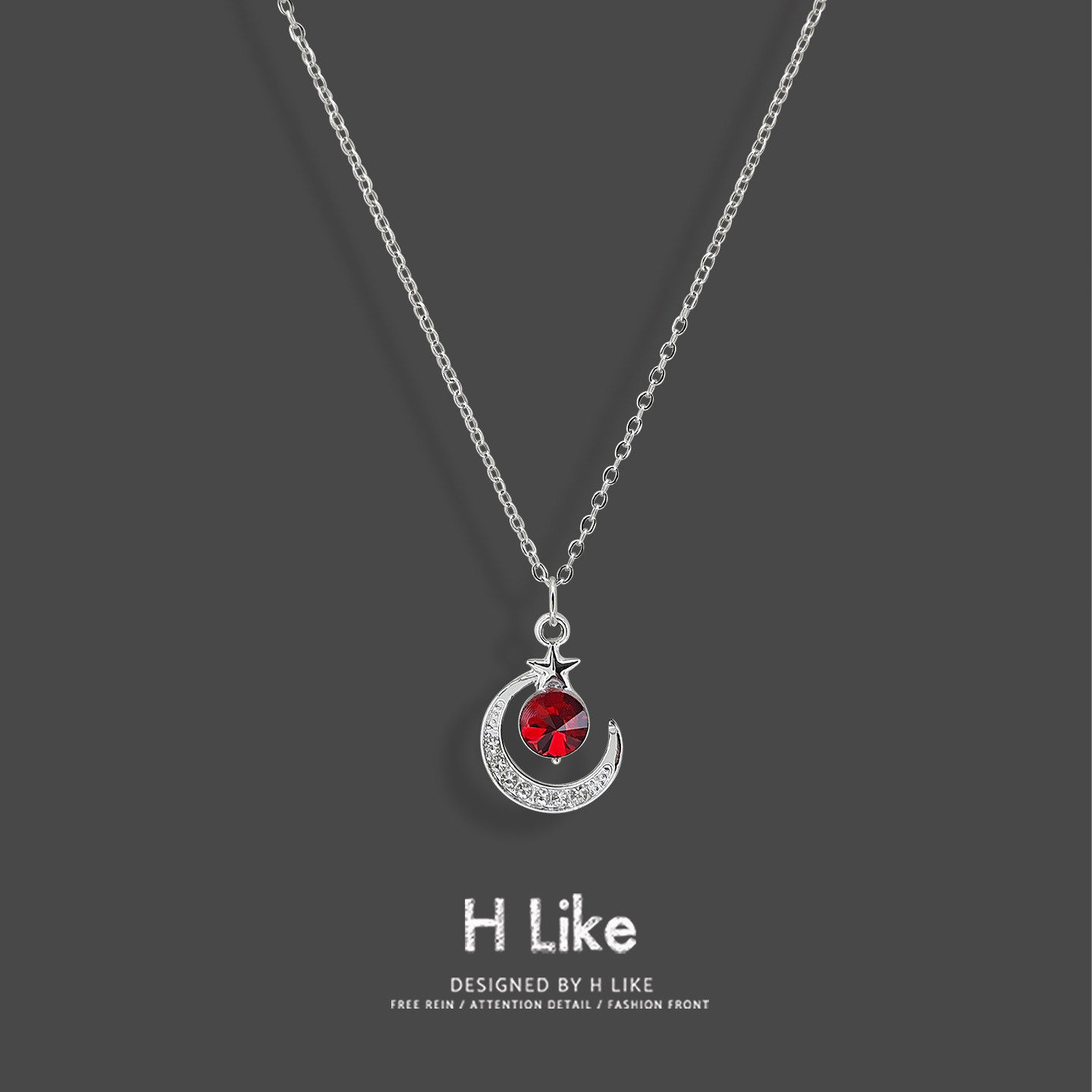 新款月亮星星红色水钻吊坠十字链条锁骨项链女士时尚气质高级精致