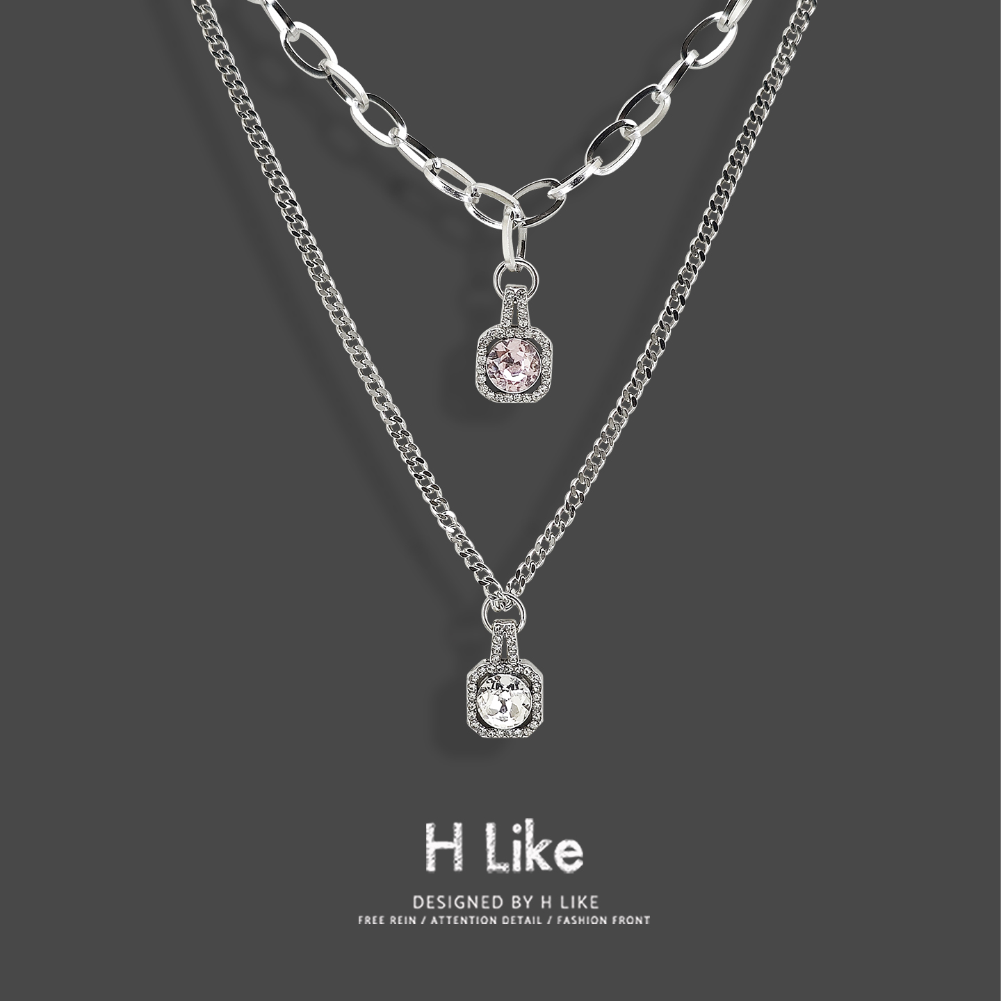 透明粉方钻项链吊坠饰品毛衣链