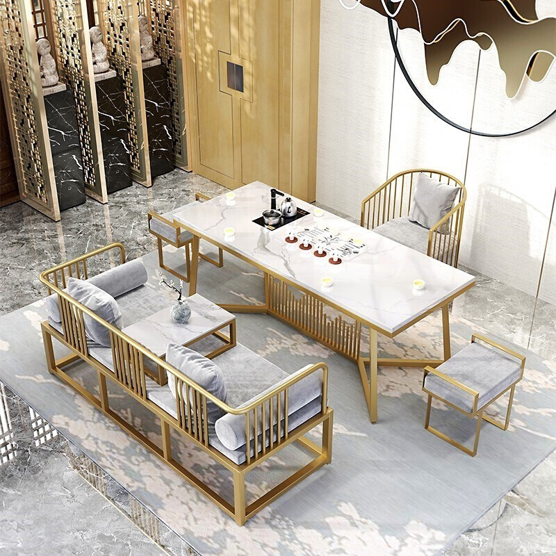 创意客厅沙发桌椅组合大理石铁艺茶几桌椅组合新中式茶台长方桌椅
