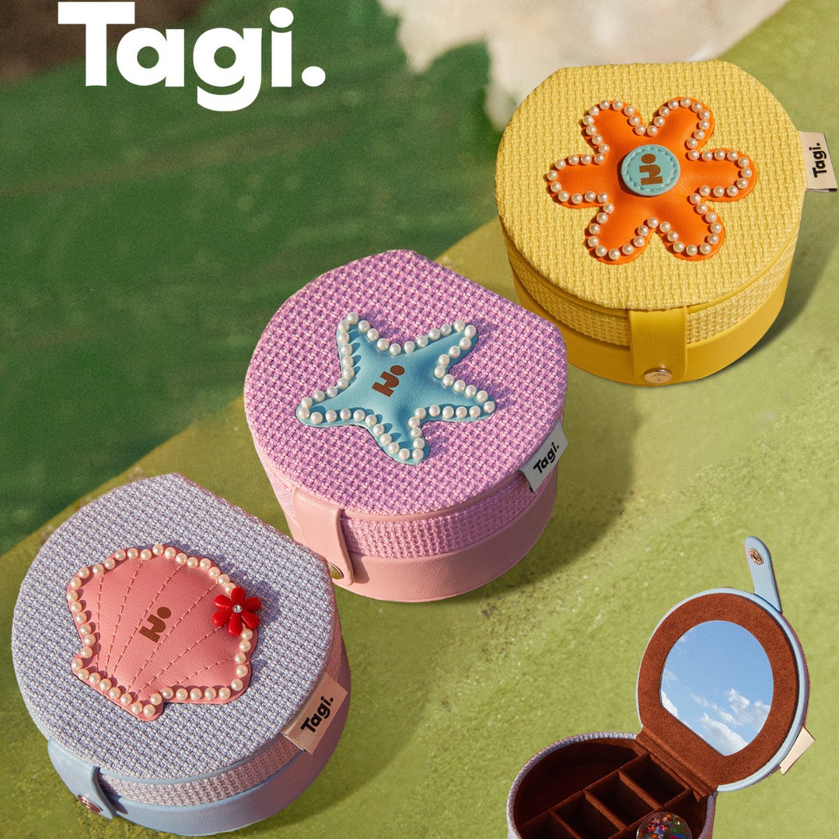 Tagi.钉珠想象星星小花贝壳便携鼓鼓珍珠双层圆圆首饰盒收纳盒图片