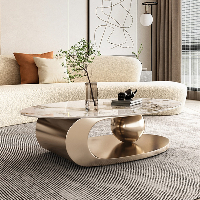 意式极简茶几客厅家用小户型茶几轻奢香槟镀金色不锈钢岩板茶几