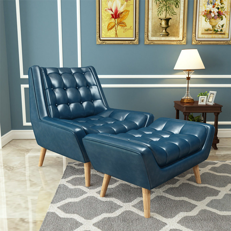 美式单人沙发椅现代简约客厅实木脚休闲椅阳台布艺拉扣懒人躺椅子