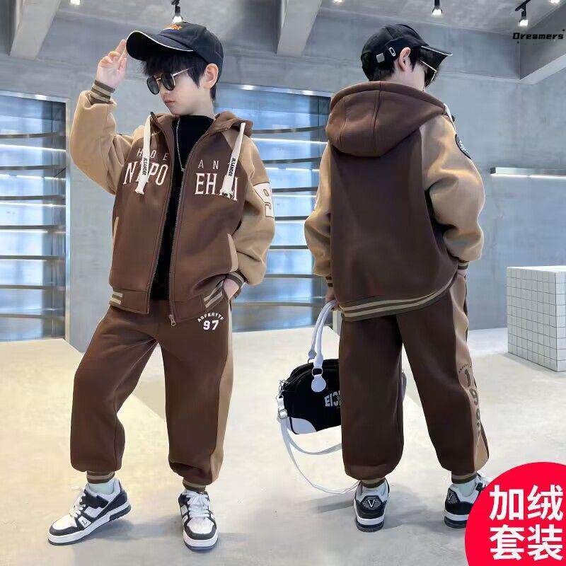儿童加绒连帽套装秋冬款男童两件套装加厚帅气卫衣中大童男孩厂家
