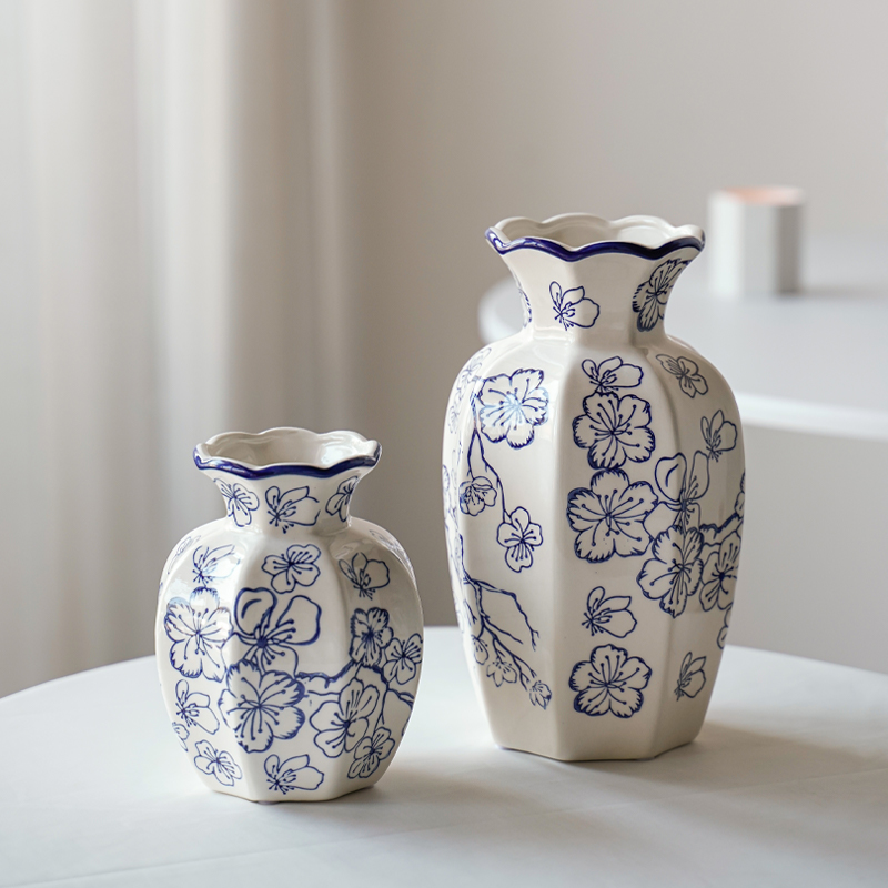 高级感新中式覆古青花瓷陶瓷花瓶水培插花鲜花客厅玄关装饰品摆件