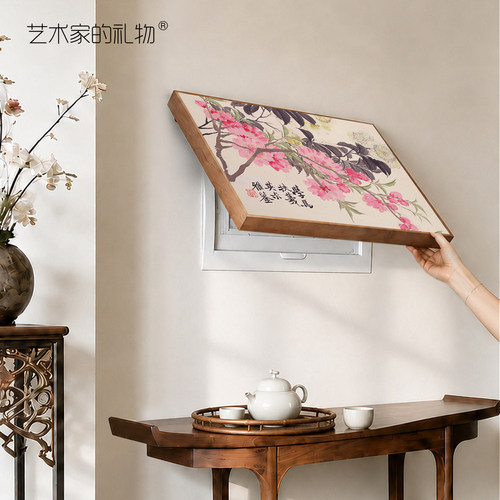 新中式花卉实木翻盖电表箱遮挡画
