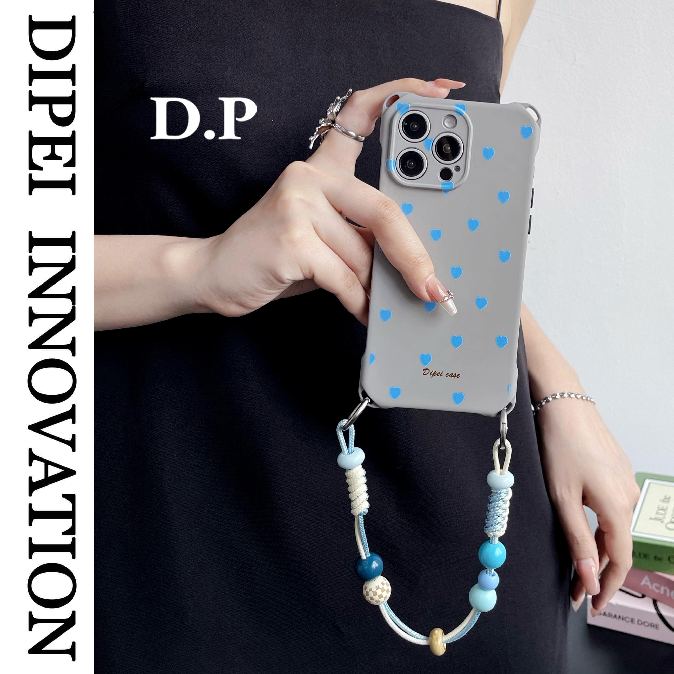 创意时尚蓝心挂绳手机壳小清新女