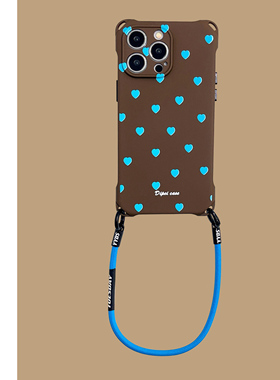 创意时尚蓝心斜挎16Promax手机壳挂绳适用iPhone15plus防摔小米14华为mate60Pro手腕nova12全包Pura70保护壳