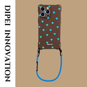 创意时尚蓝心斜挎16Promax手机壳挂绳适用iPhone15plus防摔小米14华为mate60Pro手腕nova12全包Pura70保护壳