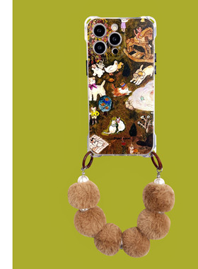 复古油画动物挂绳手机壳16Promax适用斜挎侧背小米14苹果iPhone15plus防摔华为nova12手提手链Pura70ultra女