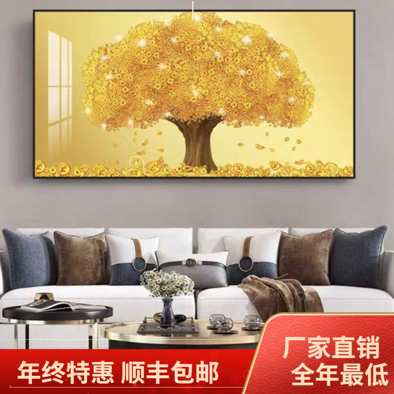 发财树客厅沙发背景墙装饰画新中式黄金满地大气晶瓷免打孔壁挂画