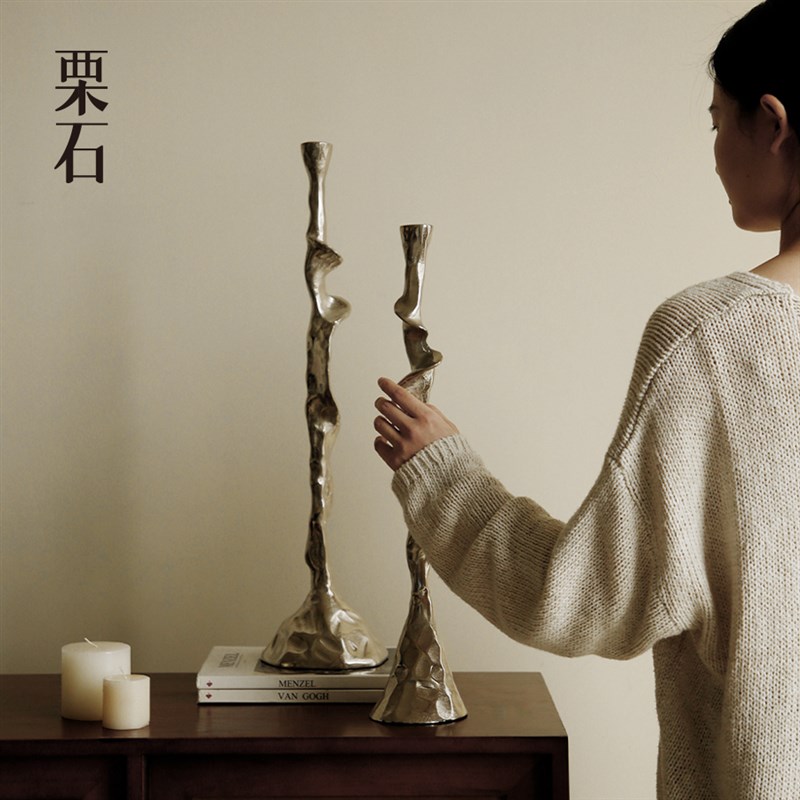 栗石【山巅】进口中古风r艺术雕塑烛台高级金属银色蜡烛台装饰摆