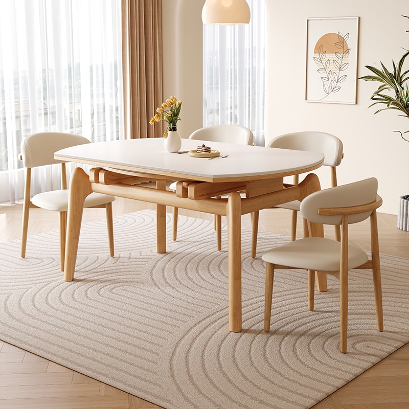 轻奢可伸缩实木i岩板餐桌椅组合现代简约小户型家用客厅折叠吃饭