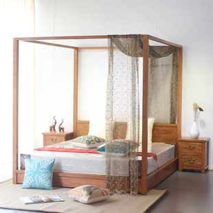 新中式实木大床简约现代老榆木架子床复古四柱床卧室双人床帷幔床