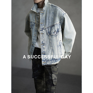 ASSDY 复古做旧老钱风牛仔夹克春轻奢水洗磨白外套男潮 高支数棉
