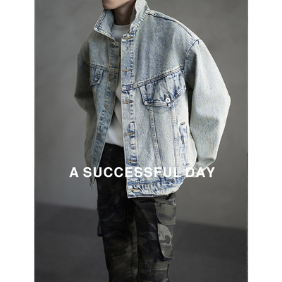 ASSDY|高支数棉/复古做旧老钱风牛仔夹克春轻奢水洗磨白外套男潮