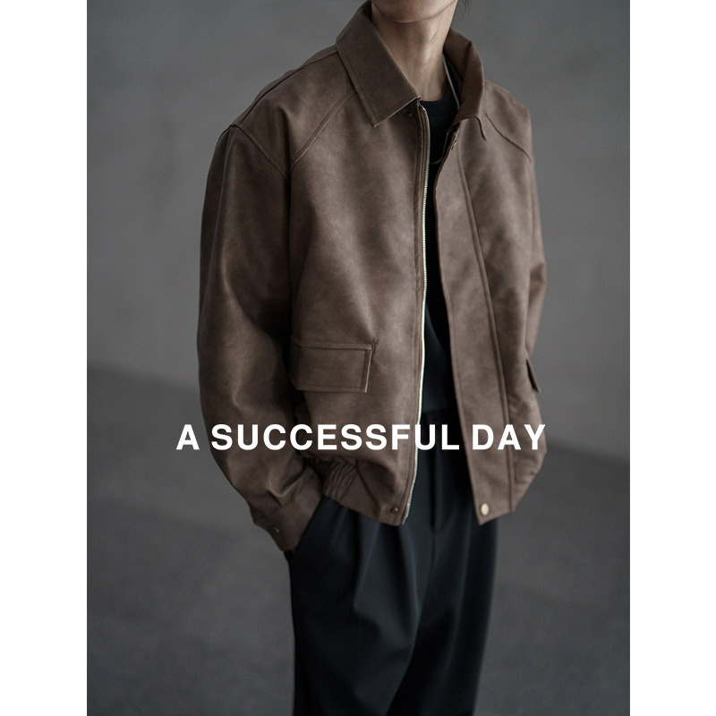 A SUCCESSFUL DAY|美拉德翻领工装皮衣男秋季痞帅工装机车服外套