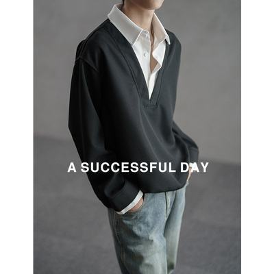 ASSDY|300g假两件长袖POLO衫男士2025春秋季新款潮牌休闲套头卫衣