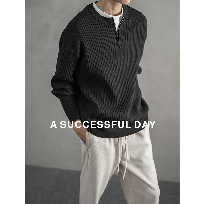 A SUCCESSFUL DAY|高级感老钱纯色褶皱半拉链毛衣男冬内搭针织衫