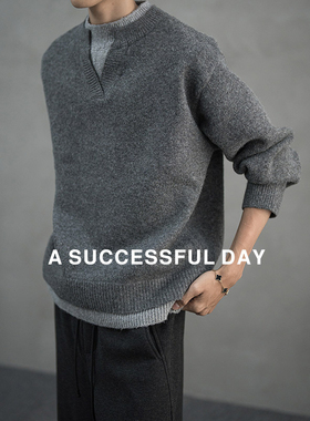 ASSDY|绵羊毛900G重磅慵懒风假两件双层V领毛衣男2025冬针织线衫